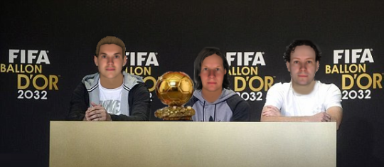 Ivica Strok with fellow 2032 Ballon d'Or nominees Doni Traynor (centre) and Francisco Velazquez (right).